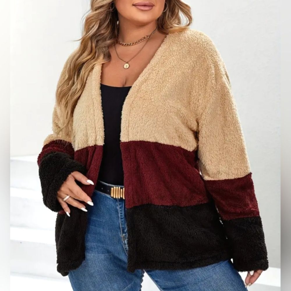 Plus size color block warm fluffy cardigan sz 0X